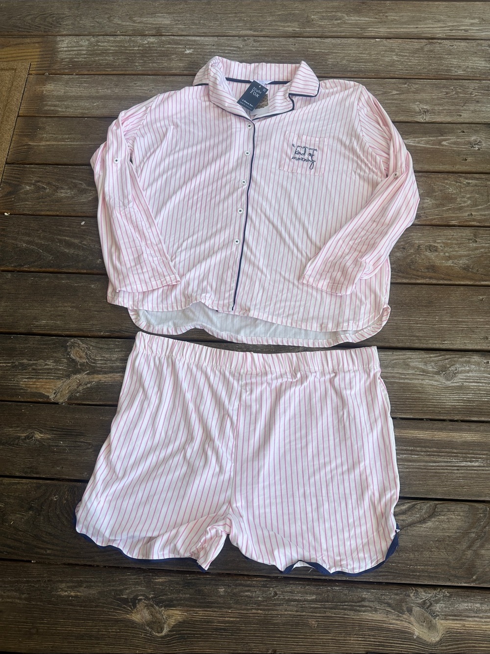 Night Fox Pink Stripe Two-Piece Pajama Set with Navy Trim